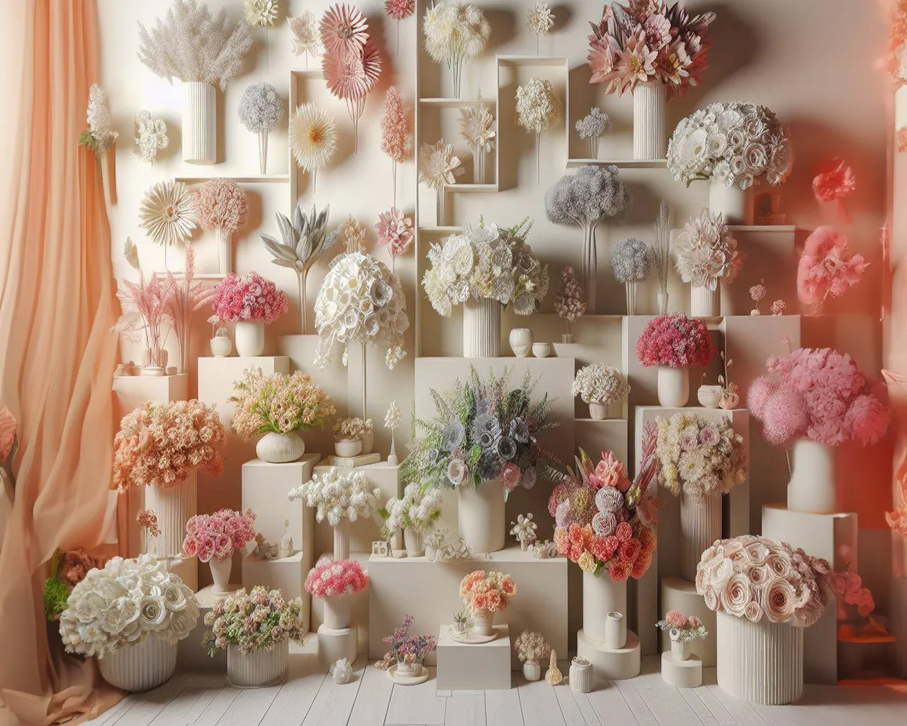 a room filled with lots of vases filled with flowers,Butterflies are flying, a few petals are floating in the wind, and there are light spots