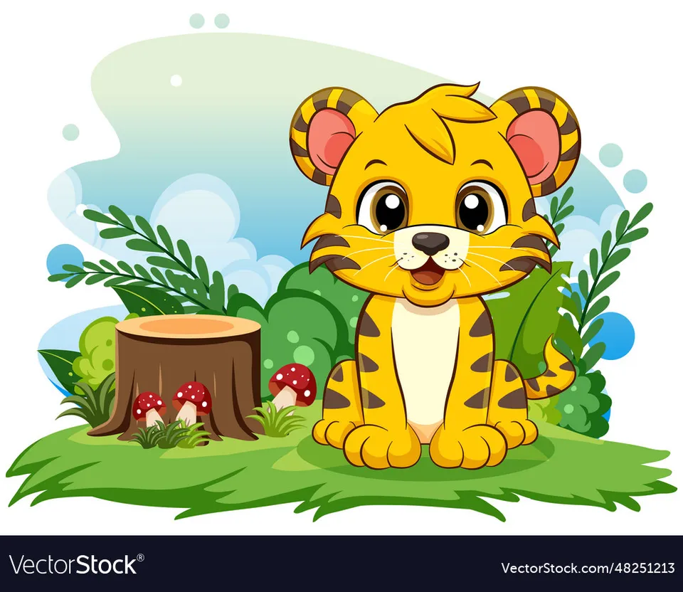 Make video of a baby tiger sitting in the grass near a stump