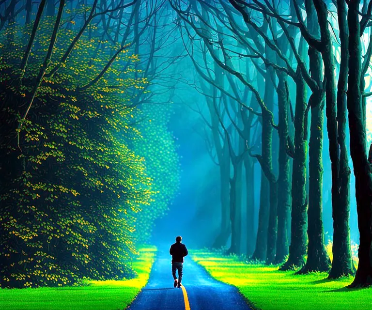 a person walking down a road in the middle of a forest