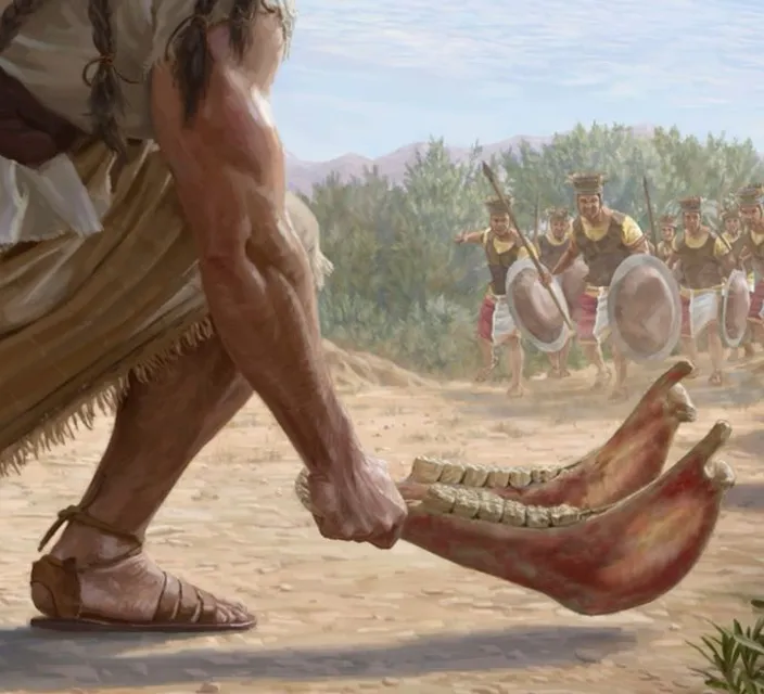 a painting of a man holding a large animal's foot