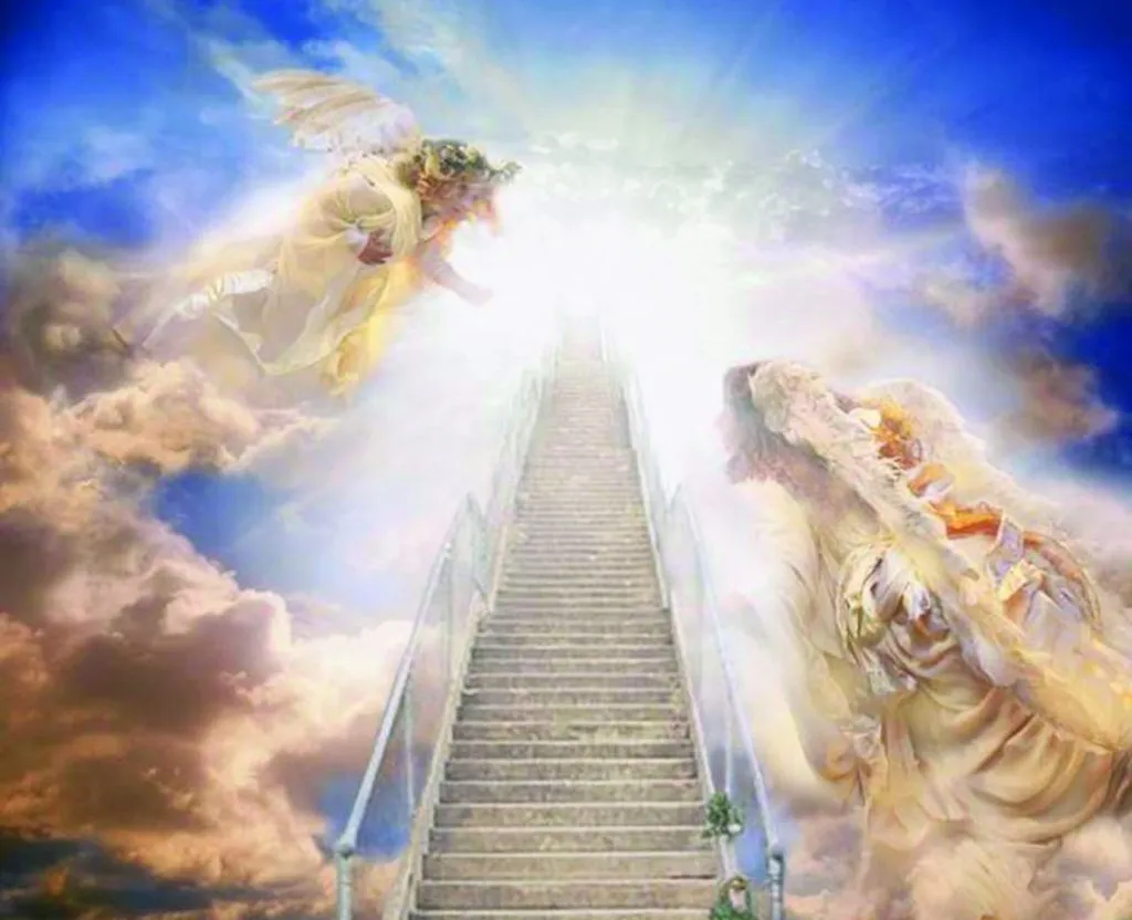 a stairway leading to heaven with two angels