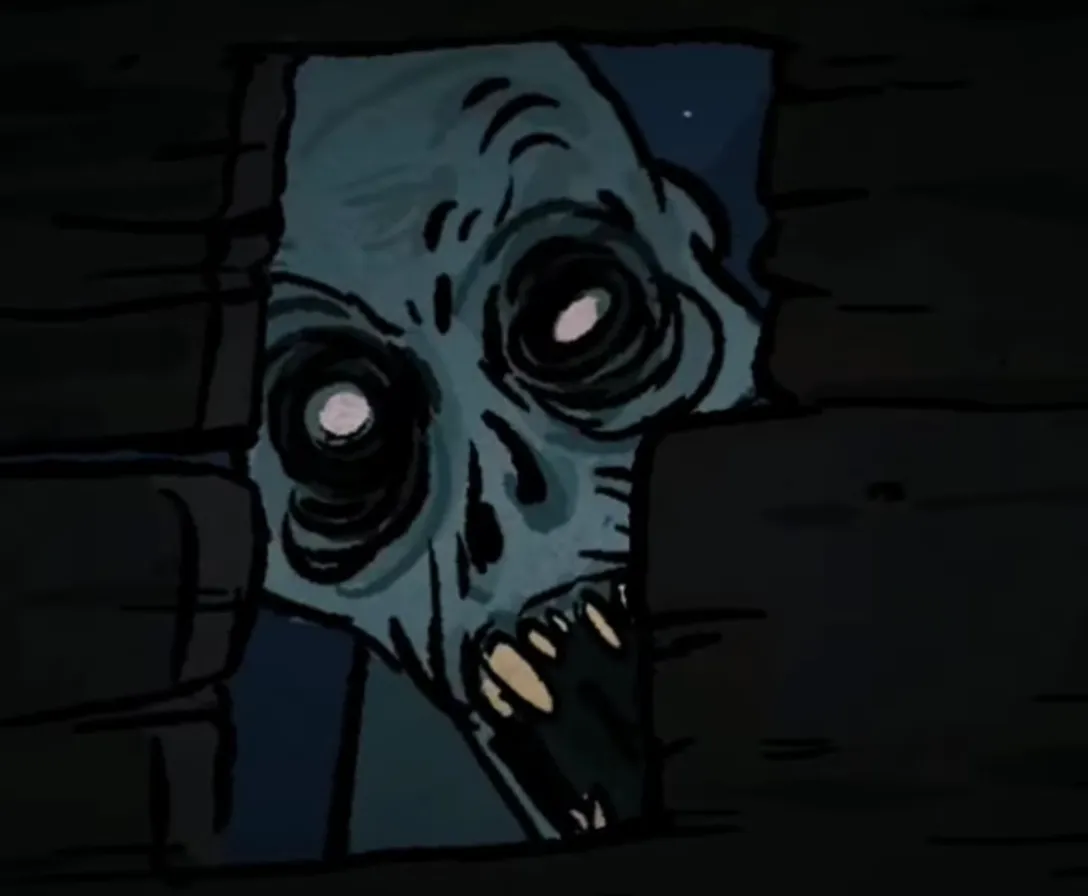 a cartoon of a creepy face with glowing eyes looking from a hole