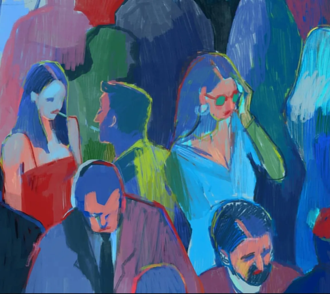 a painting of a group of people in a crowd