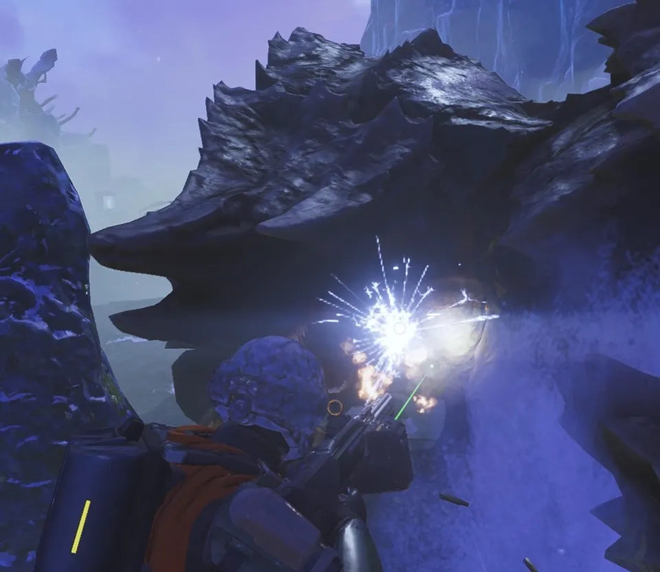 a video game scene with a man holding a gun as a large insectoid approaches