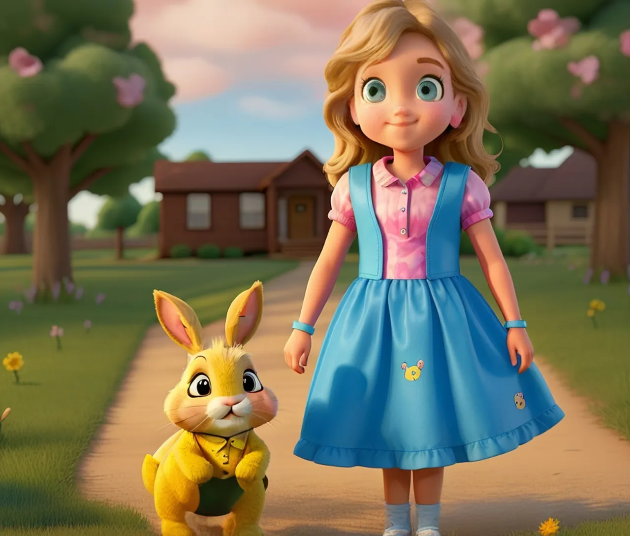 a little girl in a blue dress and a yellow bunny, 3d animation