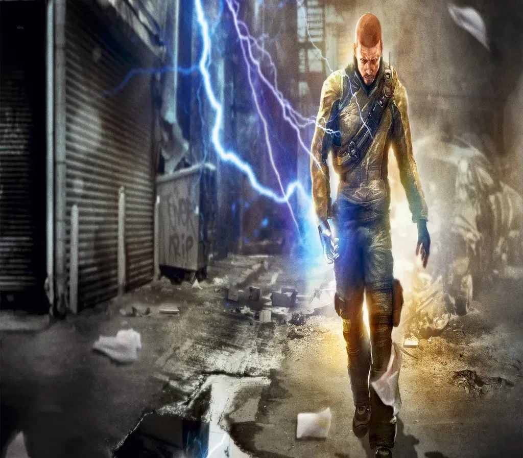 A man stands in an alley as electricity crackles around him and the wind blows. He begins walking towards the camera.