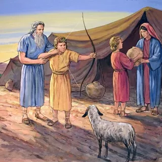 a painting of a group of people standing around a sheep