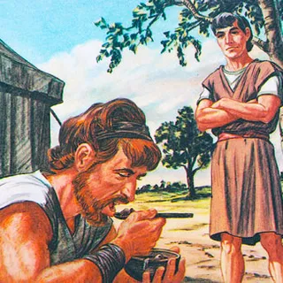 a painting of a man eating food next to another man