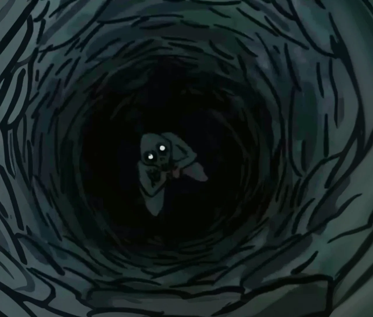 A creepy human sitting in a empty well. Top view