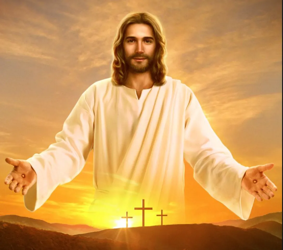 jesus standing in front of a cross with his arms outstretched