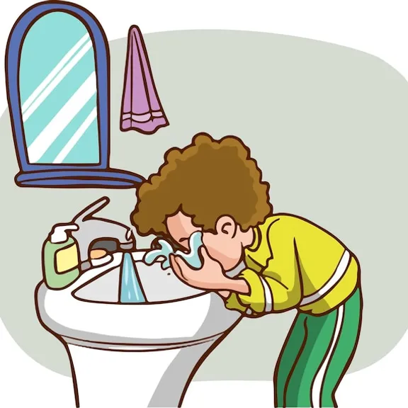 a girl washing his face in a sink