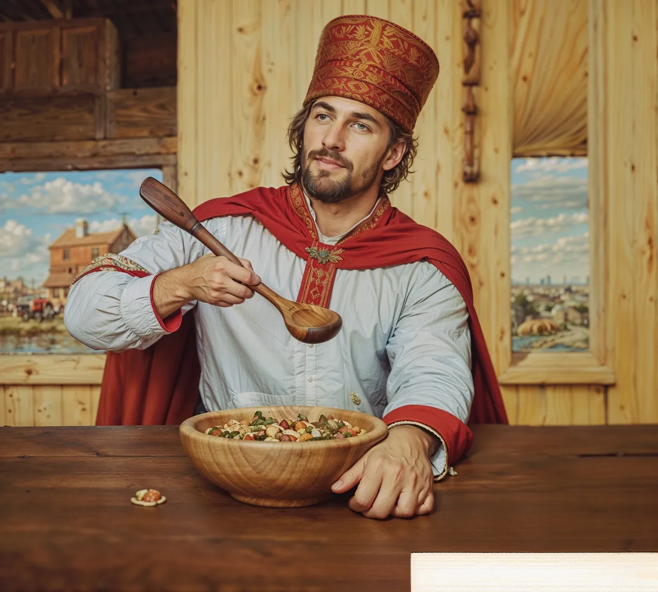 a painting of a man in a me"Describe the specific movement of a person's hand holding a spoon, with the spoon moving towards their head. Do not include any additional context or information, focus solely on this specific action."dieval costume holding a spoon and a bowl of