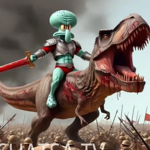 a creatire riding on top of a dinosaur with a sword