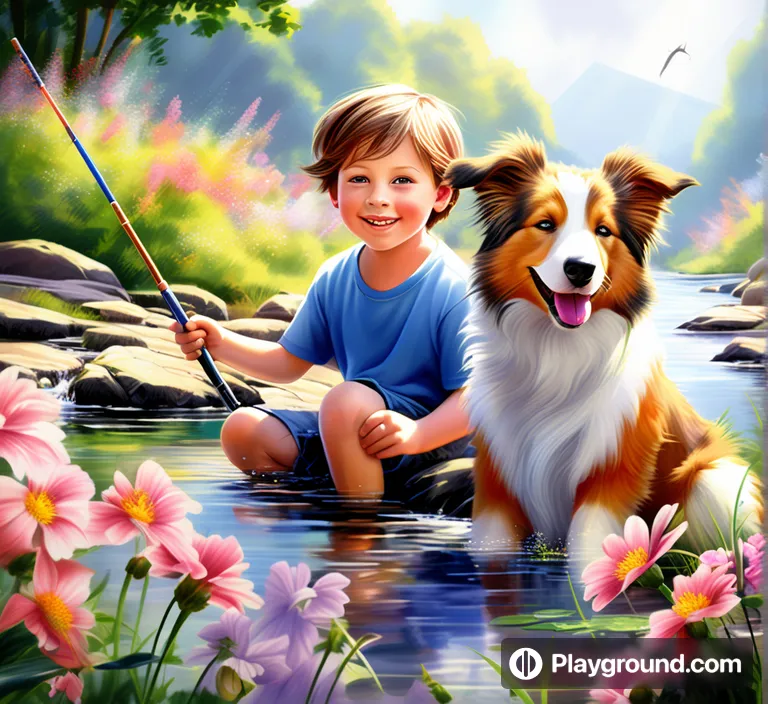 a painting of a boy and his dog fishing