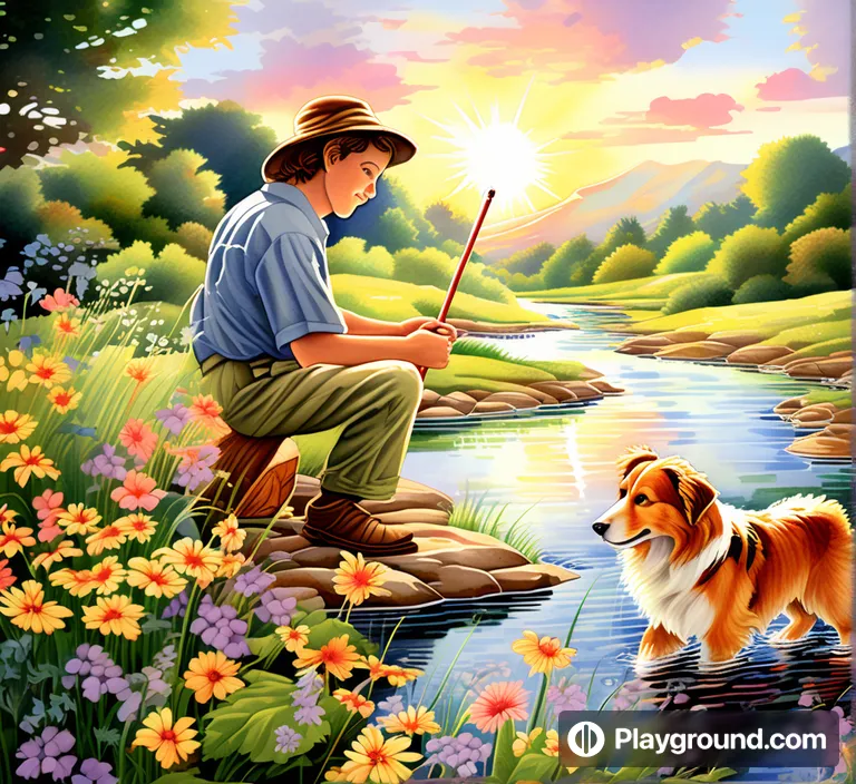 a painting of a man fishing with a dog