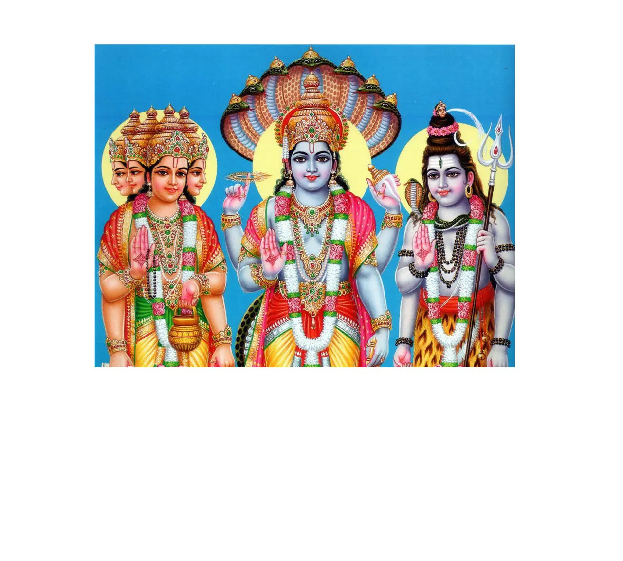 a painting of three deities with a blue background