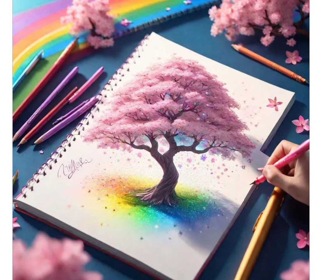 a drawing of a tree with a rainbow in the background