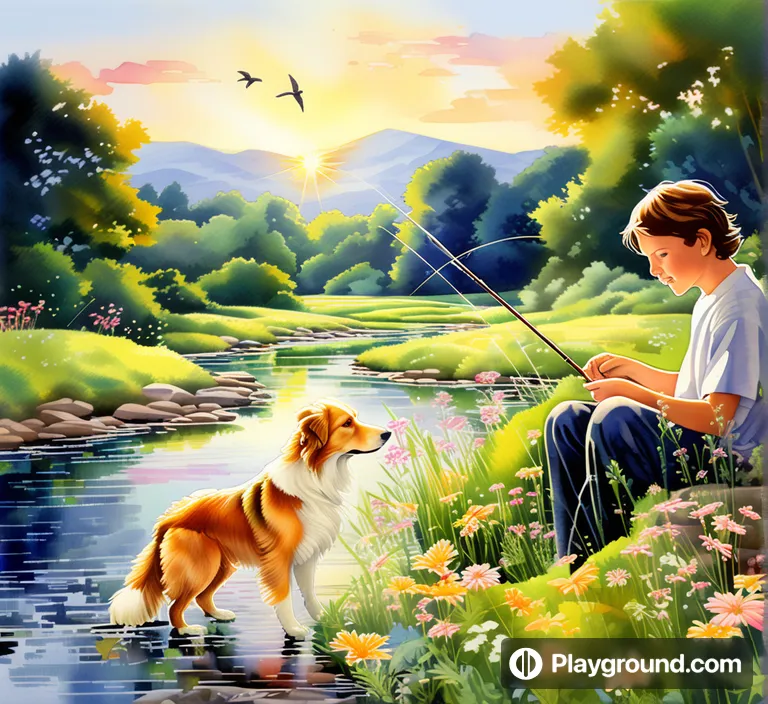 a painting of a boy fishing with his dog