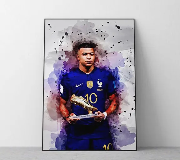 a painting of a soccer player holding a trophy