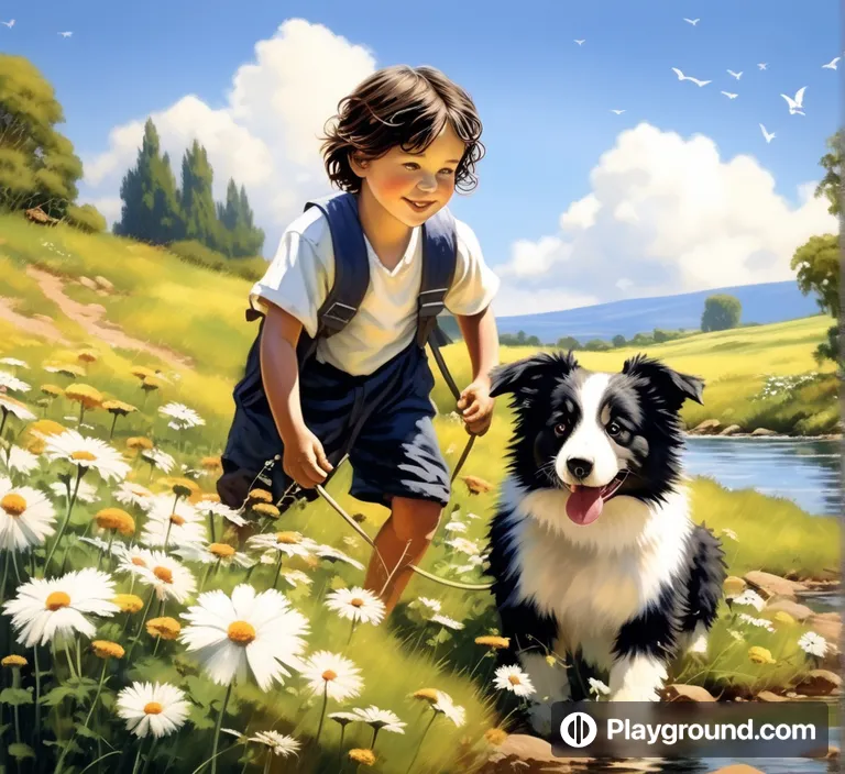 a painting of a boy and his dog