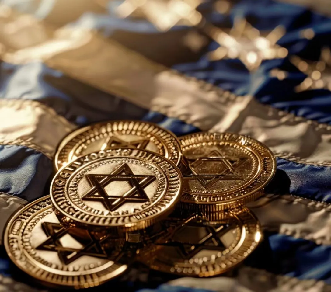 a pile of gold coins sitting on top of a quilt