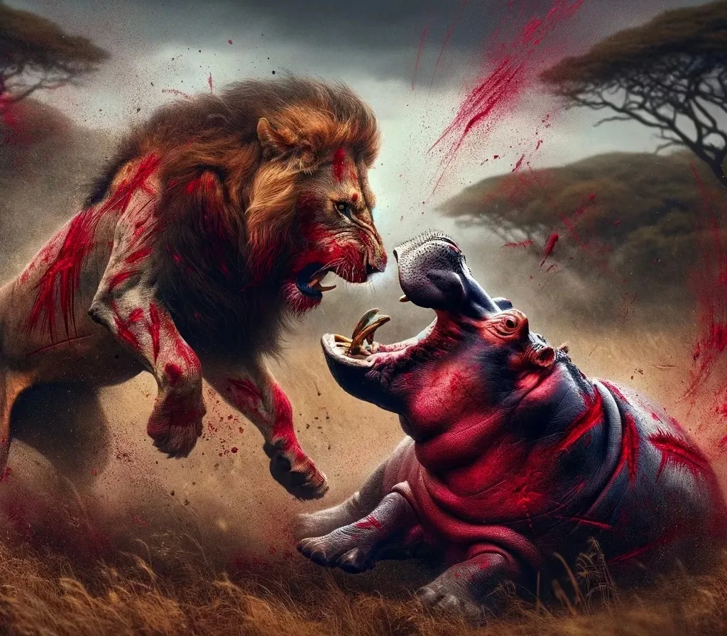 a lion attacking a hippopotamus in a field