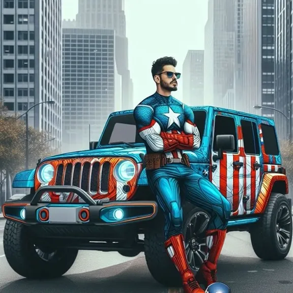 a captain america sitting on top of a jeep in the middle of a street