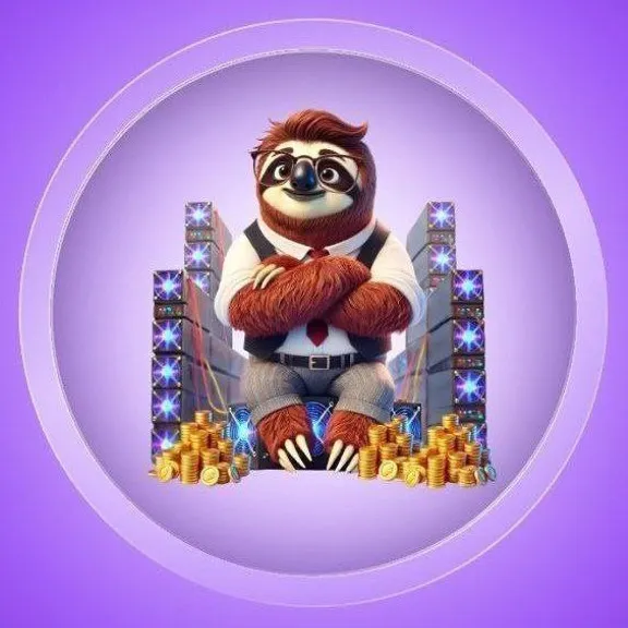 a sloth in a shirt, pants and glasses, with his arms crossed, sitting on top of a pile of gold coins and rejoicing