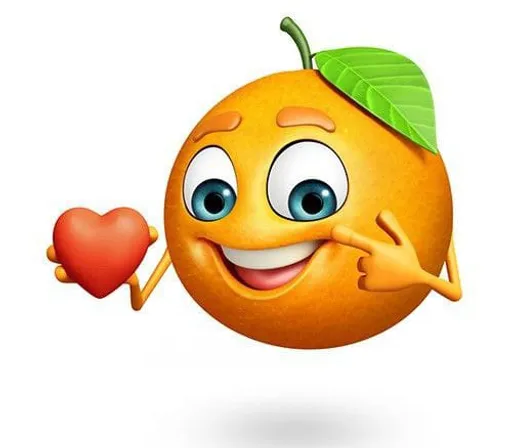 an orange holding a heart and a green leaf