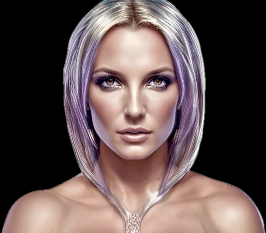 Close up beauty shot of a hyper realistic synmetrical Britney Spears with metallic purple hair 