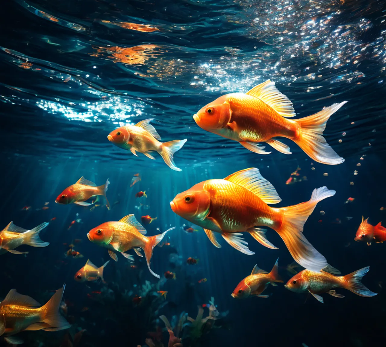 a group of  lion head goldfish swimming in the ocean