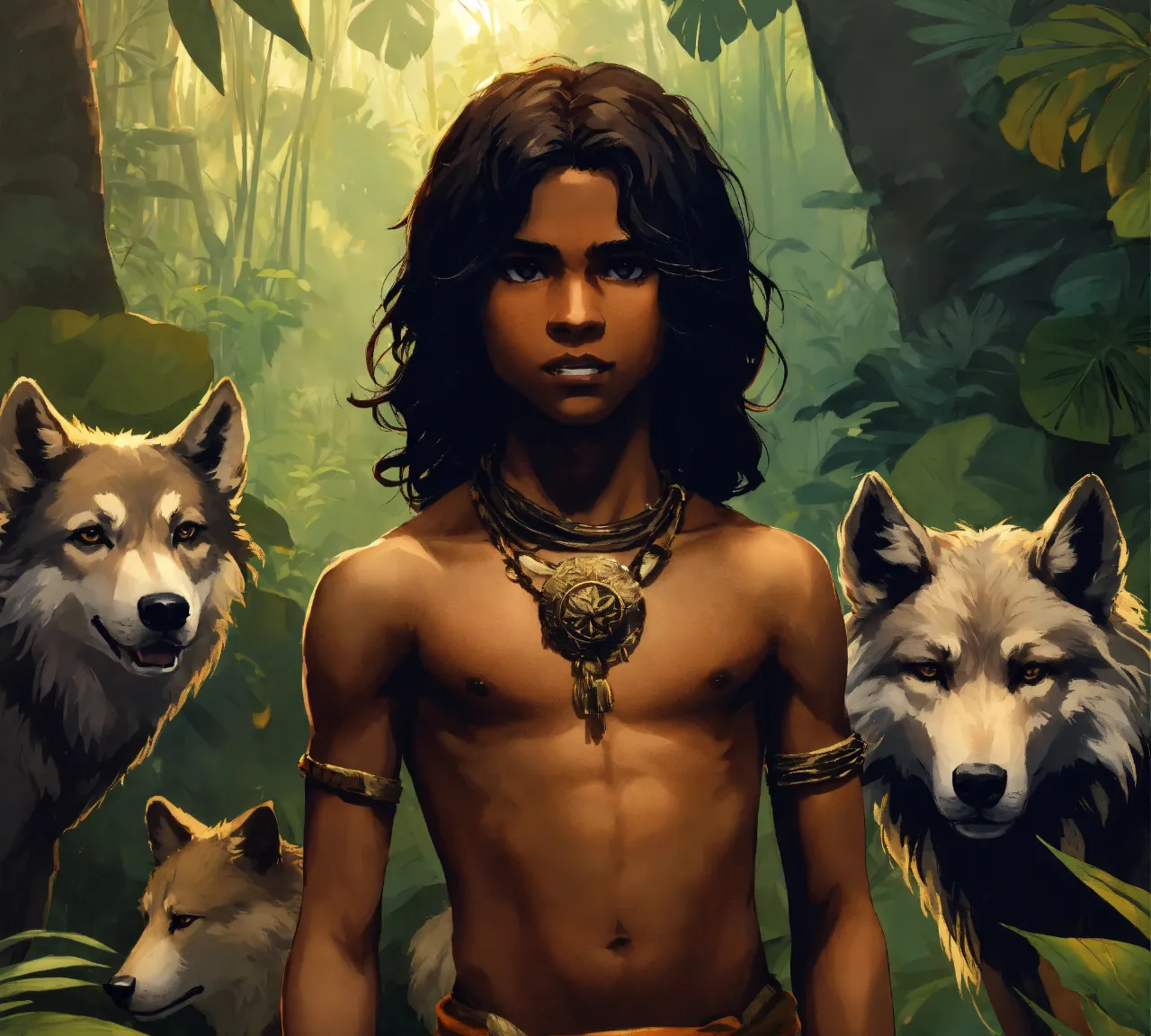 a painting of a man surrounded by three wolfs