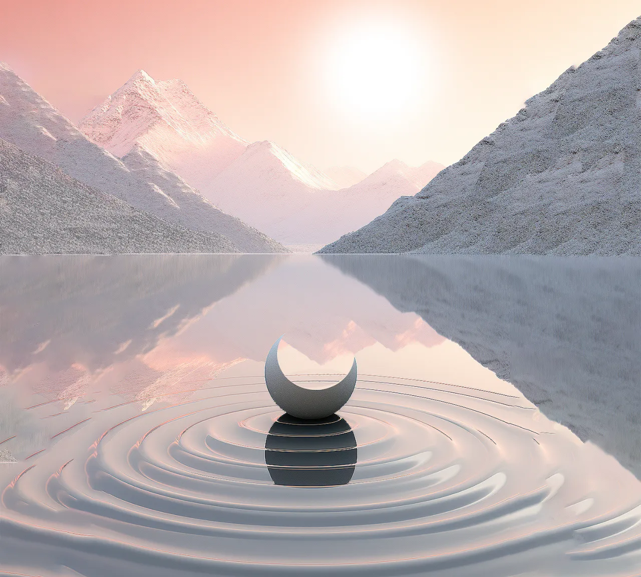 a large body of water surrounded by mountains half moon sculpture, extreme definition