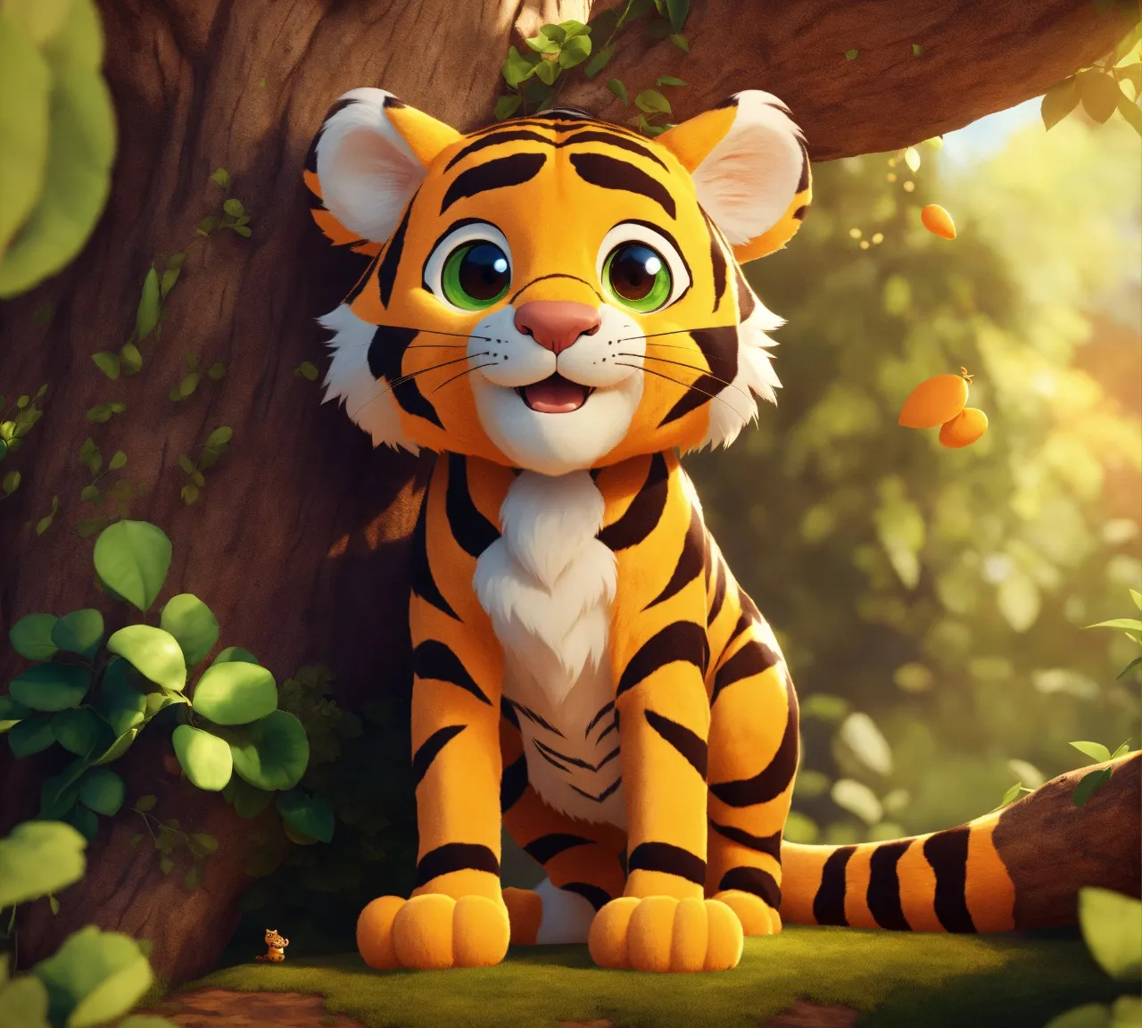 a cartoon tiger sitting next to a tree