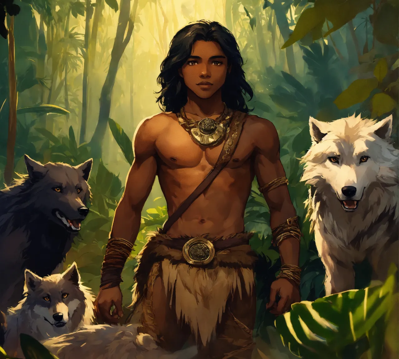 a painting of a native american man surrounded by wolfs