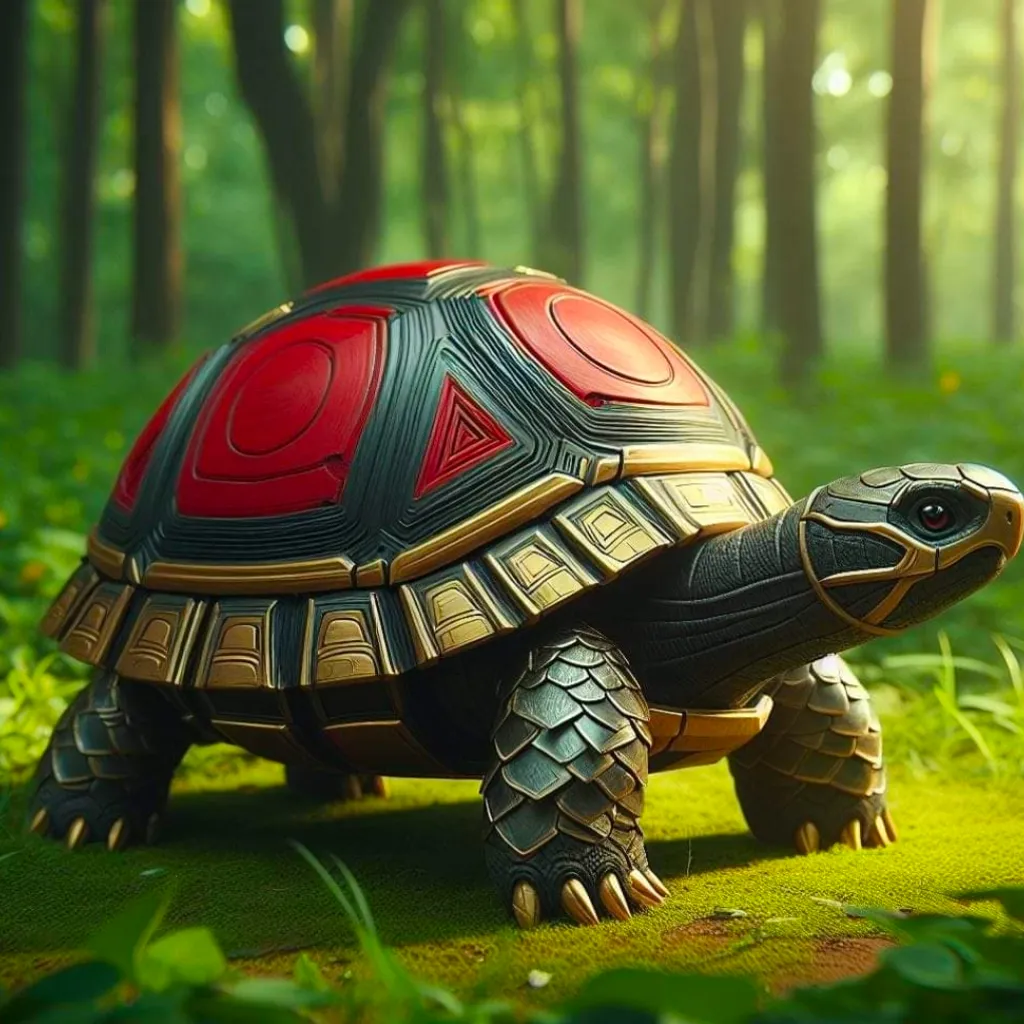 a red and black turtle in the middle of a forest