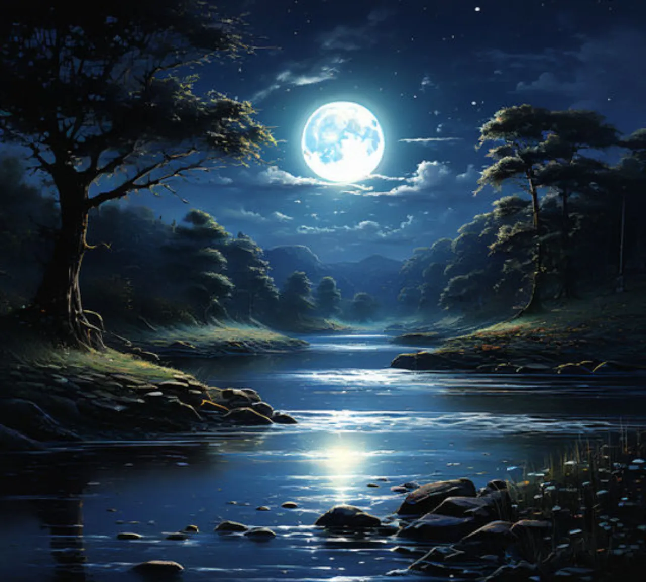 a painting of a river at night with a full moon