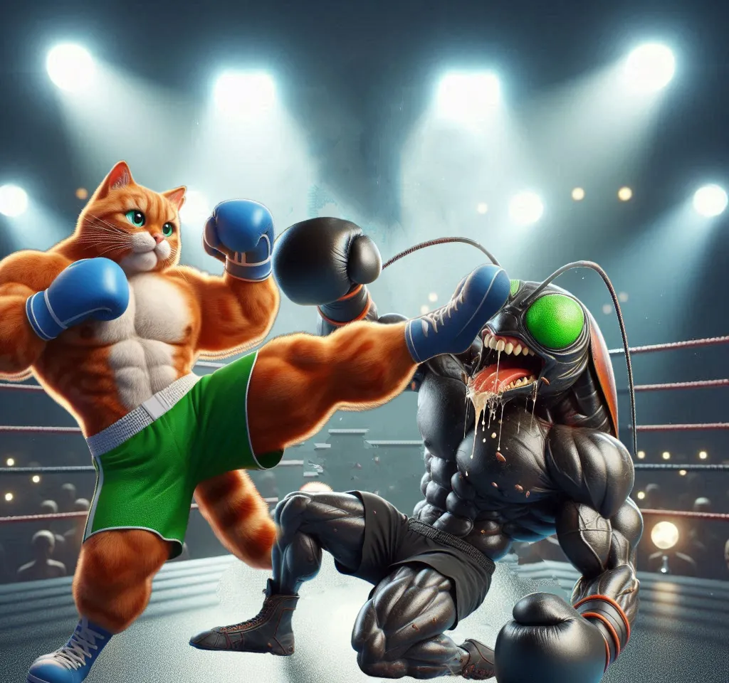 a cat is fighting with a wrestler in a boxing ring