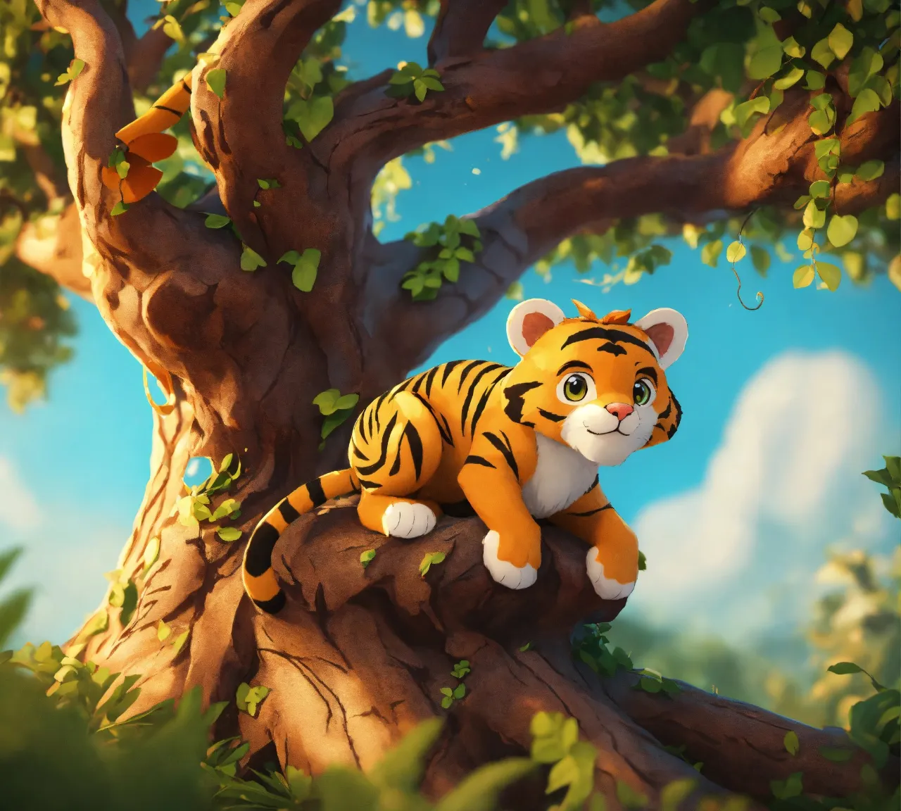 a stuffed tiger sitting on top of a tree