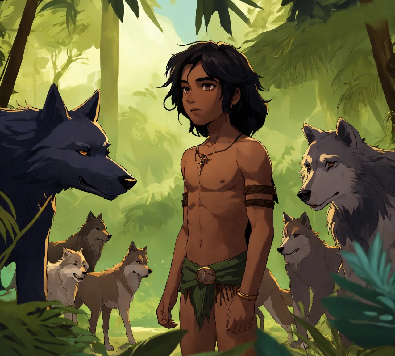 a man standing in front of a group of wolfs