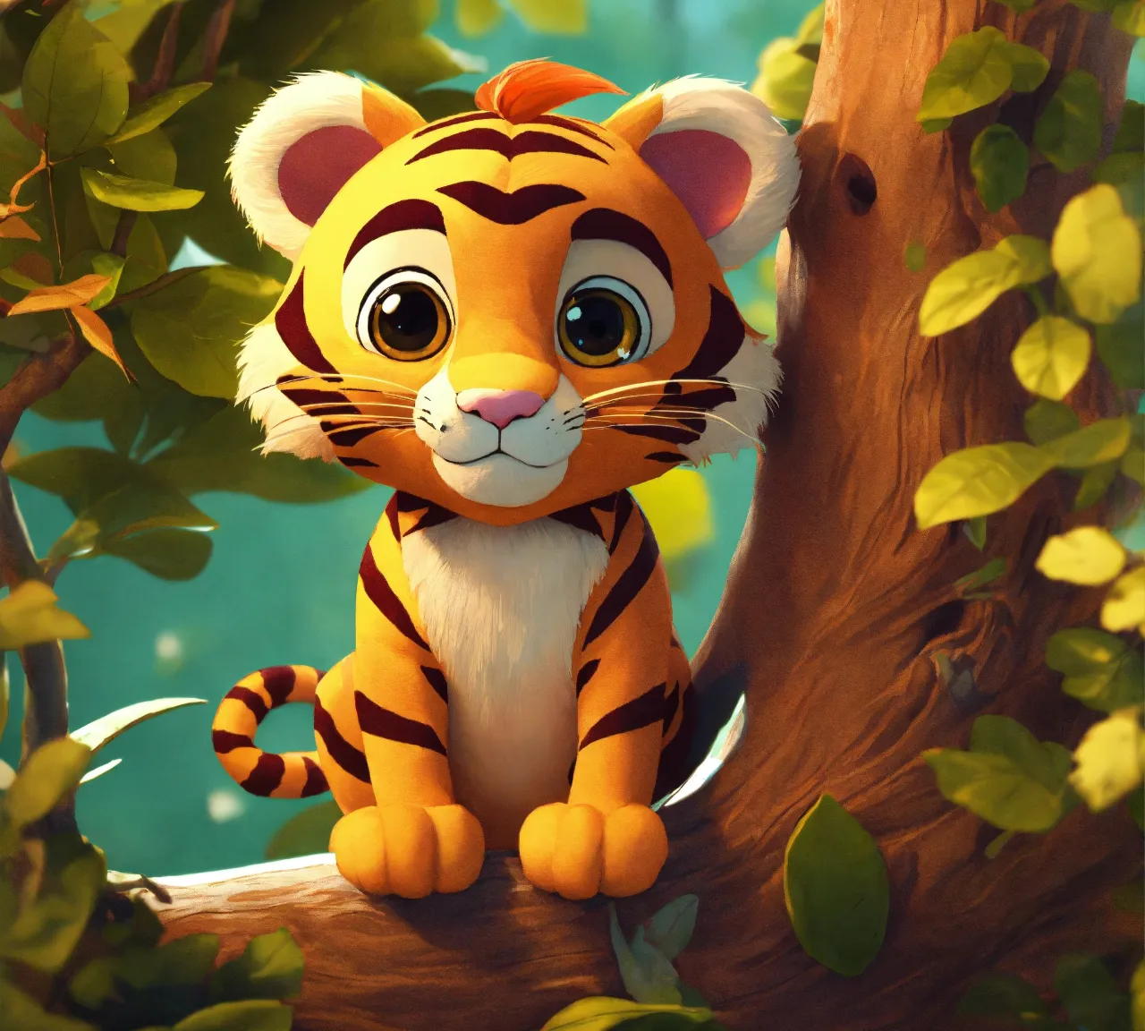 a cartoon tiger sitting on top of a tree branch