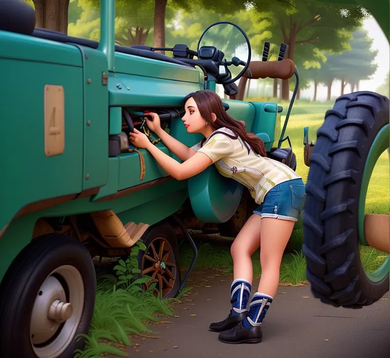 a painting of a girl leaning on a tractor