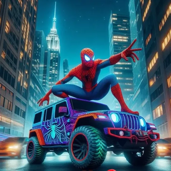 a spider man is riding on top of a jeep