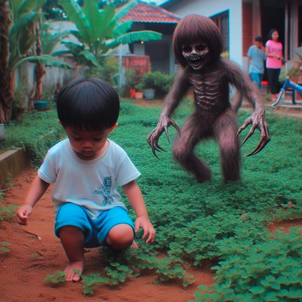 a young boy sitting on the ground next to a fake gorilla