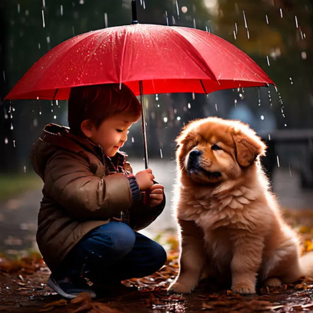 a little boy kneeling down next to a dog under an umbrella