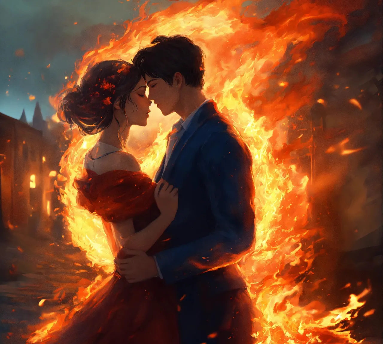 a painting of a man and a woman kissing in front of a fire