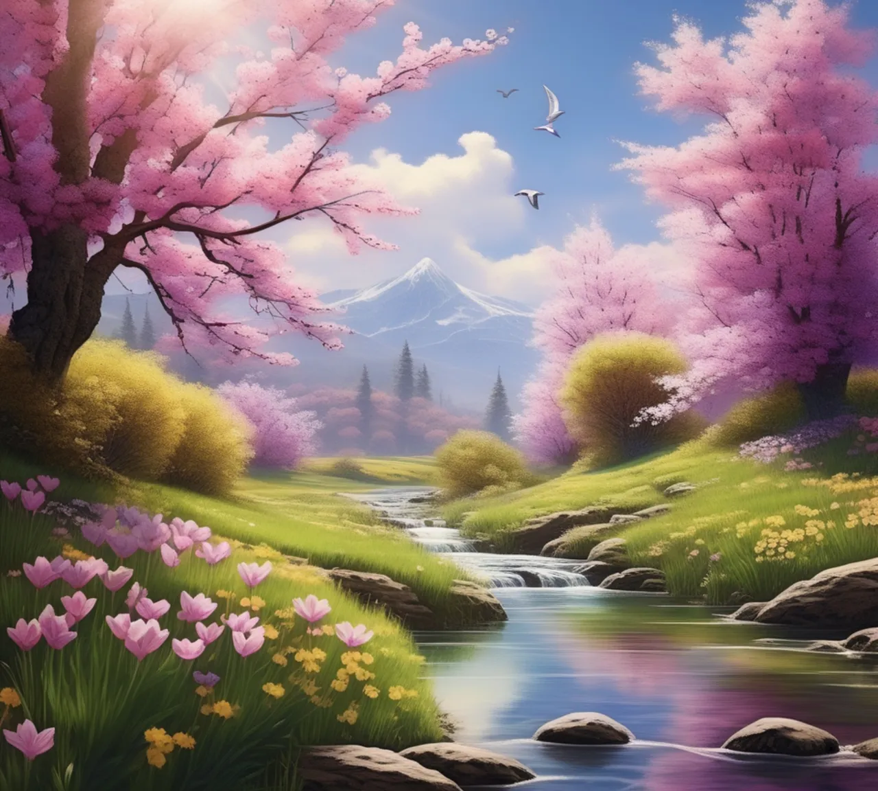 a painting of a river with pink flowers and a mountain in the background