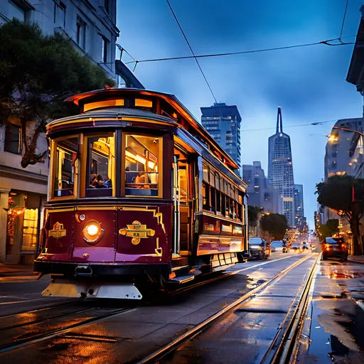 a trolley car on a city street at night