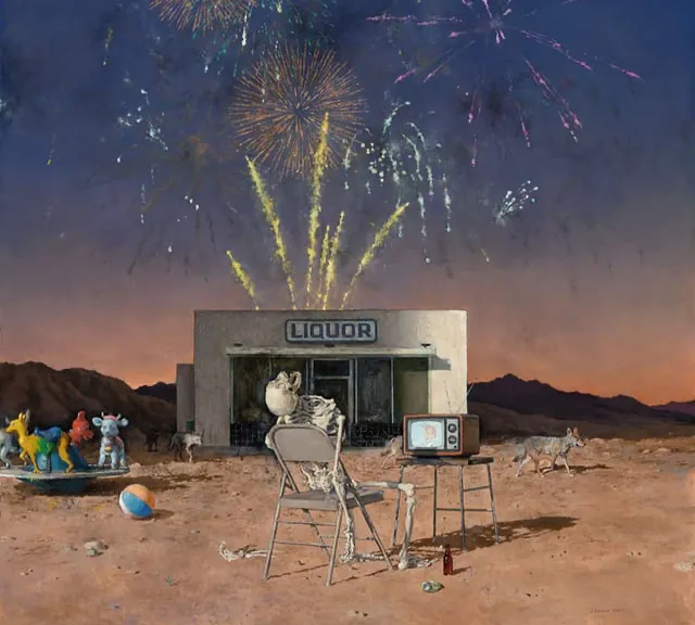 a painting of a building with fireworks in the sky