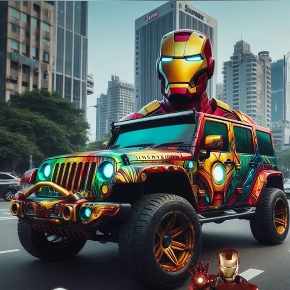 a ironman riding on top of a red jeep